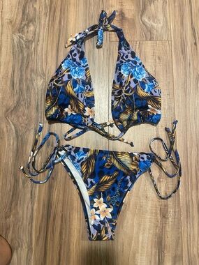 Blue Floral Halter Bikini Set